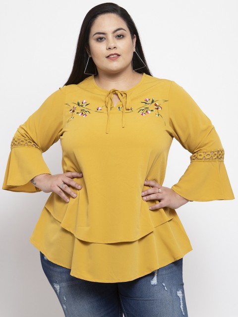 

plusS Women Mustard Yellow Embroidered Tiered Top