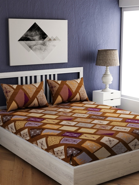

EverHOME Brown Geometric 144 TC Cotton 1 Queen Bedsheet with 2 Pillow Covers