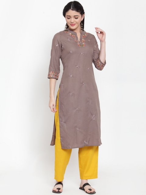 

ANAISA Women Brown & Mustard Yellow Floral Embroidered Kurta with Trousers
