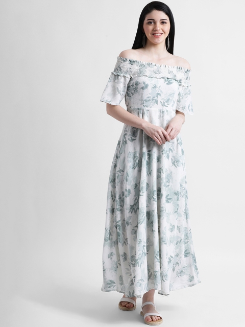 

Zink London Women White & Green Printed Maxi Bardot Dress