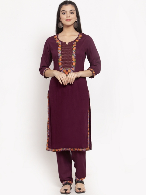

ANAISA Women Burgundy Embroidered Kurta with Trousers