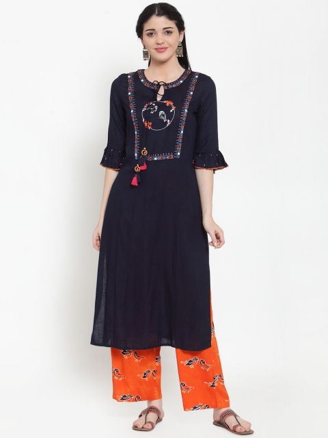 

ANAISA Women Navy Blue & Orange Embroidered Kurti with Trousers