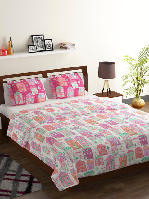 

BOMBAY DYEING Multicoloured Conversational 104 TC Cotton 1 Queen Bedsheet with 2 Pillow Covers, Multi