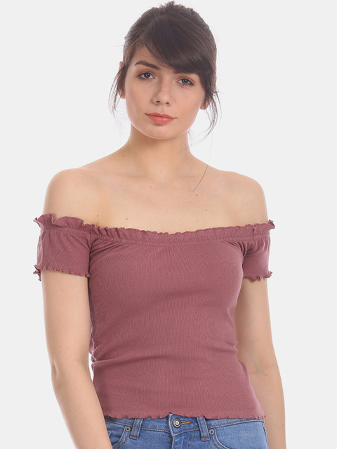 

Aeropostale Women Pink Solid Bardot Pure Cotton Top