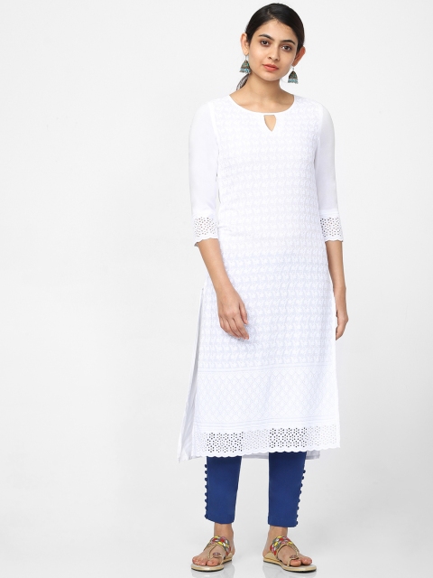Naari Women White Embroidered Straight Kurta