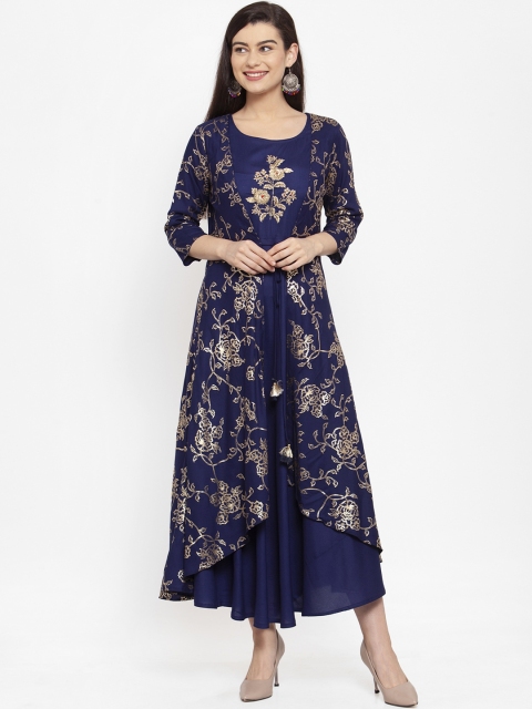 

ANAISA Women Navy Blue & Gold Maxi Dress with Ethnic Jacket
