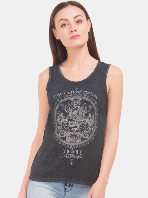 

Ed Hardy Women Charcoal Grey Printed Styled Back Pure Cotton Top