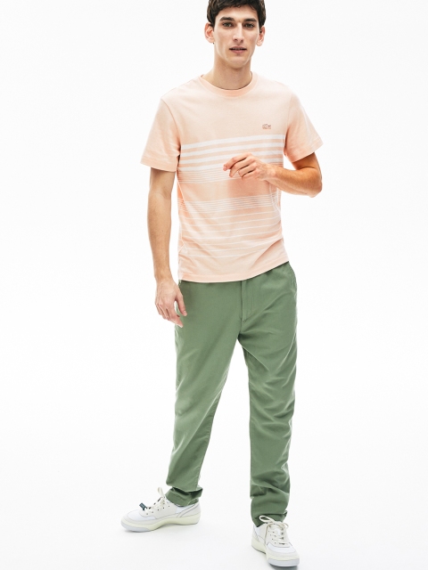 

Lacoste Men Pink & White Striped Linen And Cotton Crew Neck T-shirt