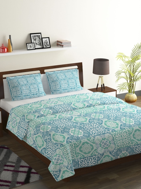 

BOMBAY DYEING Teal Blue Ethnic Motifs 104 TC Cotton 1 Queen Bedsheet with 2 Pillow Covers