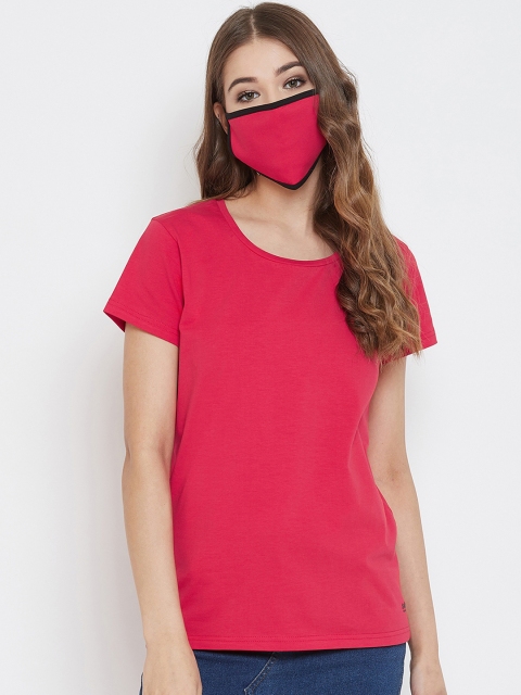

Okane Women Red Solid Round Neck T-shirt With Mask