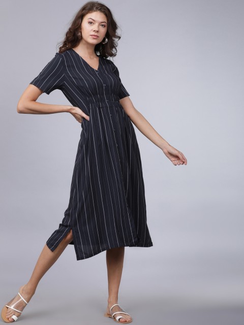 

Tokyo Talkies Women Navy Blue Striped Fit and Flare Dress