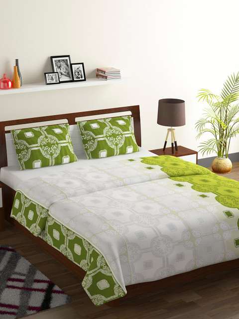 

BOMBAY DYEING Green & White Abstract 104 TC Cotton 1 Queen Bedsheet with 2 Pillow Covers