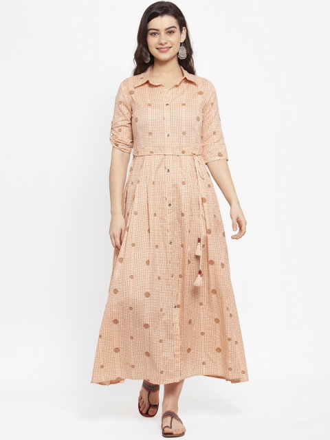 

ANAISA Women Peach-Coloured & Brown Checked Maxi Dress