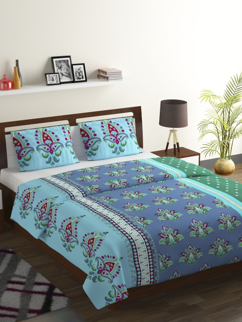 

BOMBAY DYEING Blue & Green Ethnic Motifs 104 TC Cotton 1 Queen Bedsheet with 2 Pillow Covers