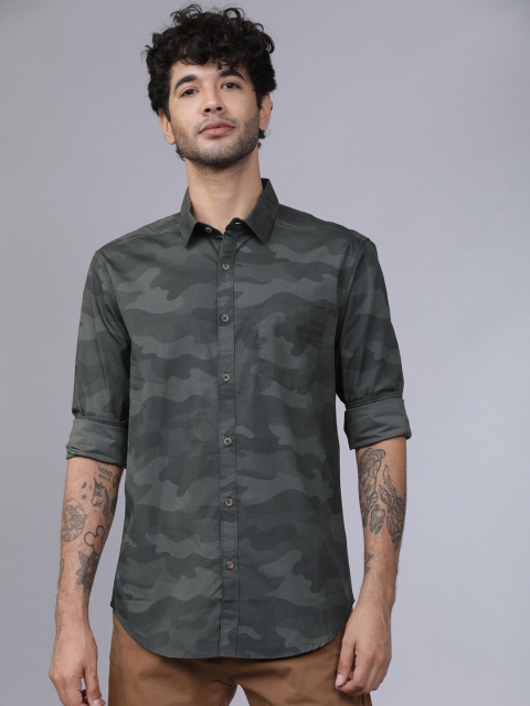 

Horsefly Men Olive Green & Grey Slim Fit Camouflage Printed Casual Shirt
