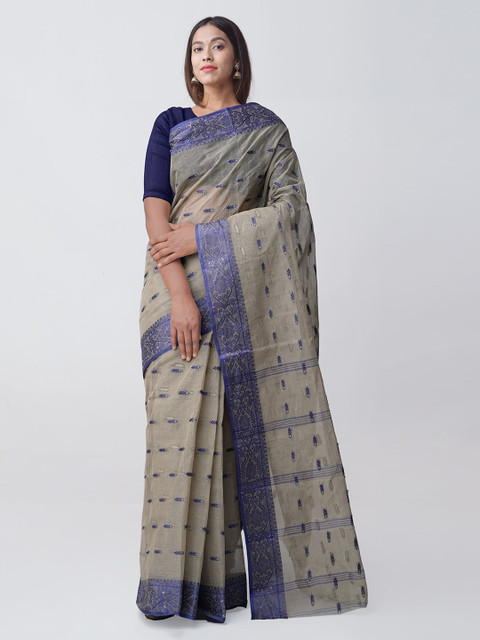 

Unnati Silks Grey & Off-White Pure Handloom Bengal Cotton Woven Design Taant Saree