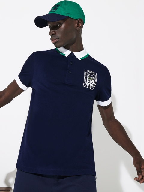 

Lacoste Men Navy Blue Printed Polo Collar SPORT Roland Garros T-shirt