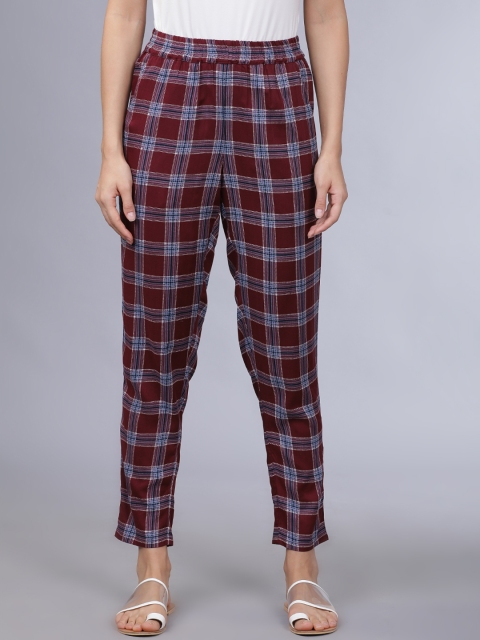 

Tokyo Talkies Women Burgundy & Blue Regular Fit Checked Regular Trousers