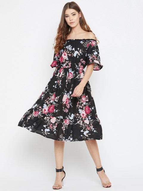 

Ruhaans Women Black Floral Printed Fit and Flare Dress