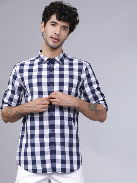 

Horsefly Men Navy Blue & White Slim Fit Checked Casual Shirt