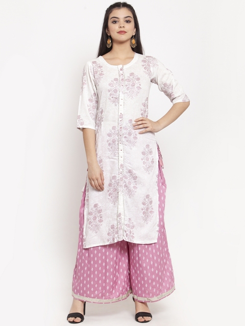 

ANAISA Women White & Pink Printed Kurta with Palazzos