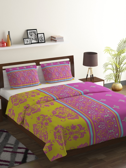 

BOMBAY DYEING Olive Green & Pink Ethnic Motifs 104 TC Cotton 1 Queen Bedsheet with 2 Pillow Covers