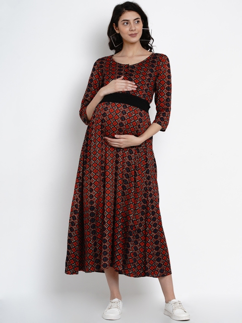 

Mine4Nine Women Red Printed Fit and Flare Maternity Dress