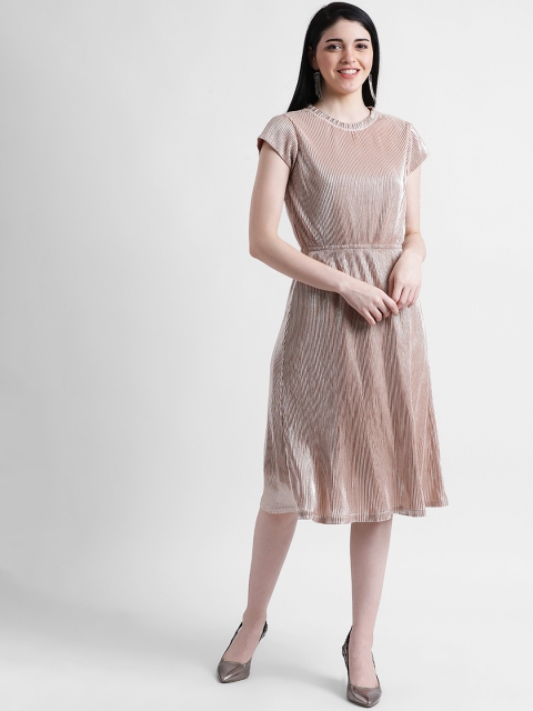 

Zink London Women Beige Self Design Fit and Flare Dress