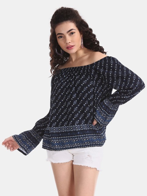

Aeropostale Women Blue Printed Bardot Top