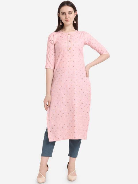 

Kvsfab Women Pink & Mustard Embroidered Straight Kurta