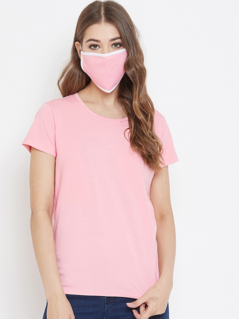 

Okane Women Pink Solid Round Neck T-shirt with Mask