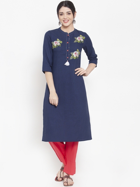 

ANAISA Women Navy Blue Embroidered Straight Kurta