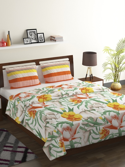 

BOMBAY DYEING Yellow & Green Floral 104 TC Cotton 1 Queen Bedsheet with 2 Pillow Covers