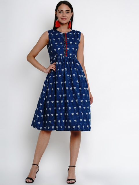 Bhama Couture Women Blue Floral Print Fit and Flare Dress