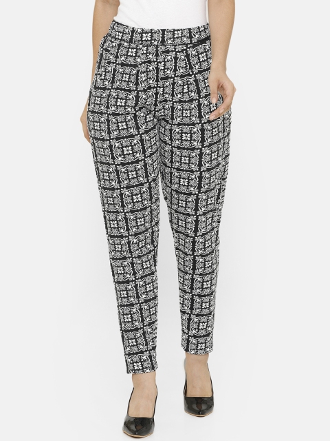 

De Moza Women Black & White Straight Fit Printed Regular Trousers
