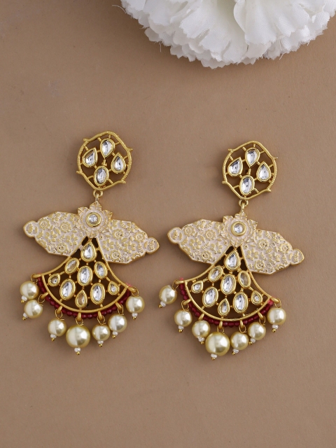 

Imittire Gold-Plated & White Enamelled Kundan Floral Drop Earrings