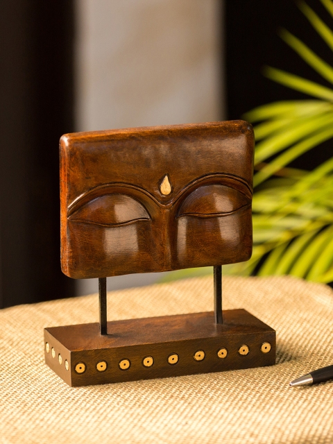 

ExclusiveLane Brown & Gold-Toned Meditating Buddha Eyes Hand-Carved Wooden Showpiece