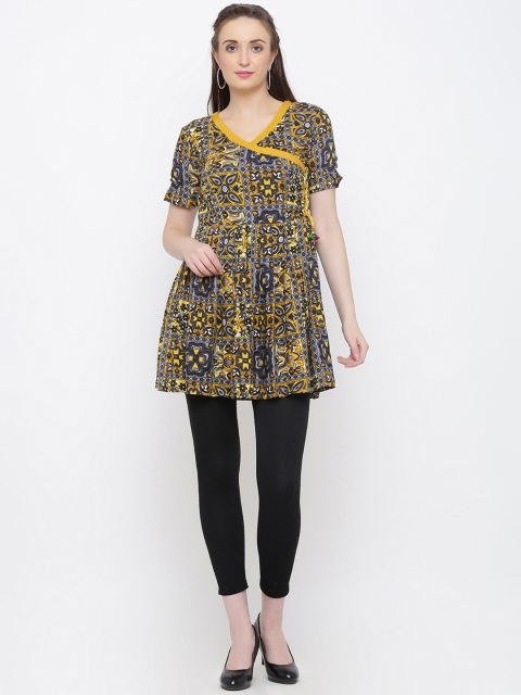 

Indian Virasat Women's Grey & Yellow Printed Angrakha Tunic