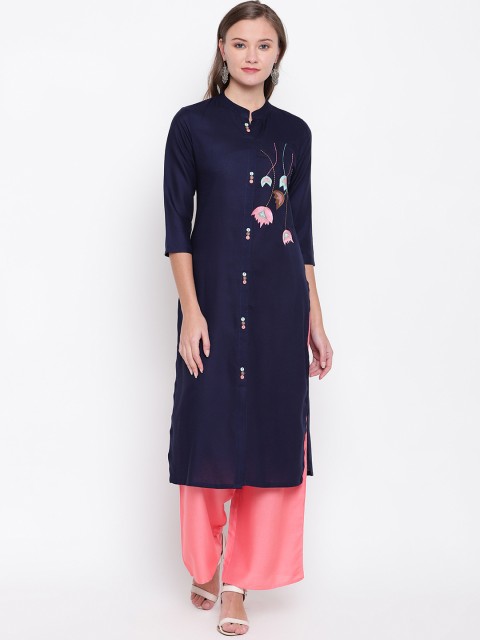 

Vbuyz Women Navy Blue & Pink Solid Straight Kurta