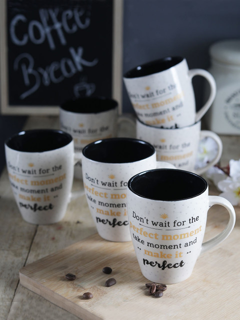 

CDI Set of 6 Cream-Coloured & Black Printed Ceramic Mugs