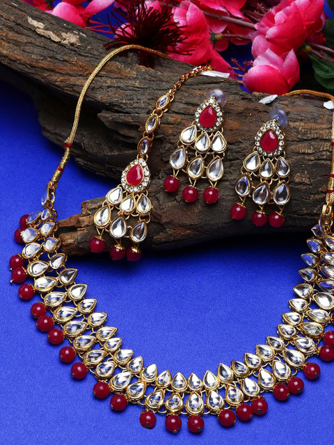 

ANIKAS CREATION Gold-Plated Maroon & White Kundan-Studded Handcrafted Jewellery Set