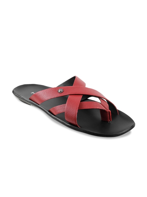 

Mochi Men Red Solid Leather Comfort Sandals