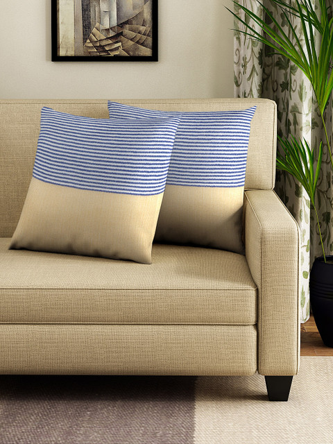 

NEUDIS Blue & Beige Set of 2 Striped Square Cushion Covers