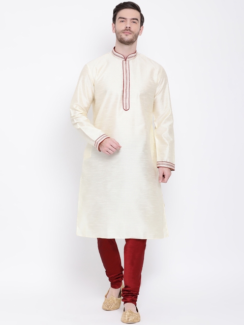 

Lakshya by Manish Men Gold-Coloured & Maroon Self Design Kurta with Churidar