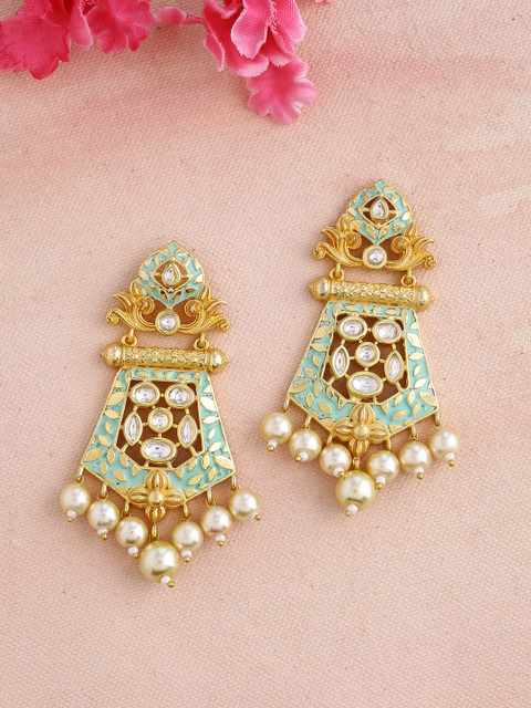 

Imittire Sea Green Gold-Plated Kundan Floral Polki Drop Earrings