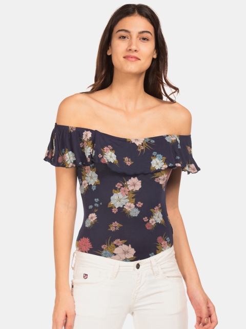 

Aeropostale Women Navy Blue & Pink Floral Printed Off Shoulder Bodysuit