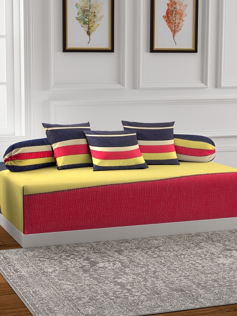

NEUDIS Set Of 6 Yellow & Red Striped Diwan Set with Bolster & Cushion Covers