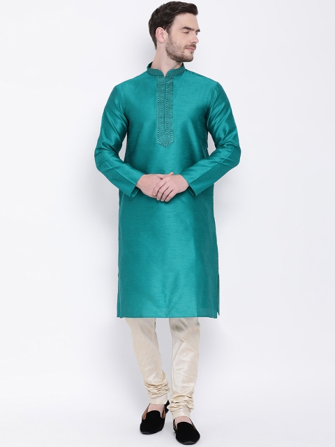 Lakshya by Manish Men Turquoise Blue & Beige Solid Kurta with Pyjamas