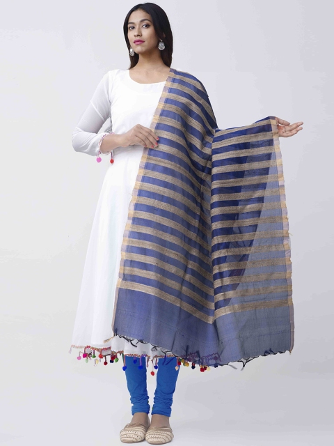 

Unnati Silks Blue & Cream-Coloured Striped Handloom Maheshwari Ghicha Silk Sustainable Dupatta