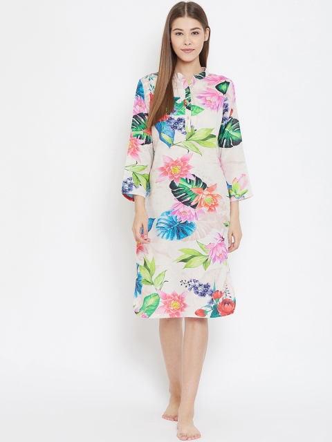 

The Kaftan Company Off-White & Green Tropical Print Sleep Shirt